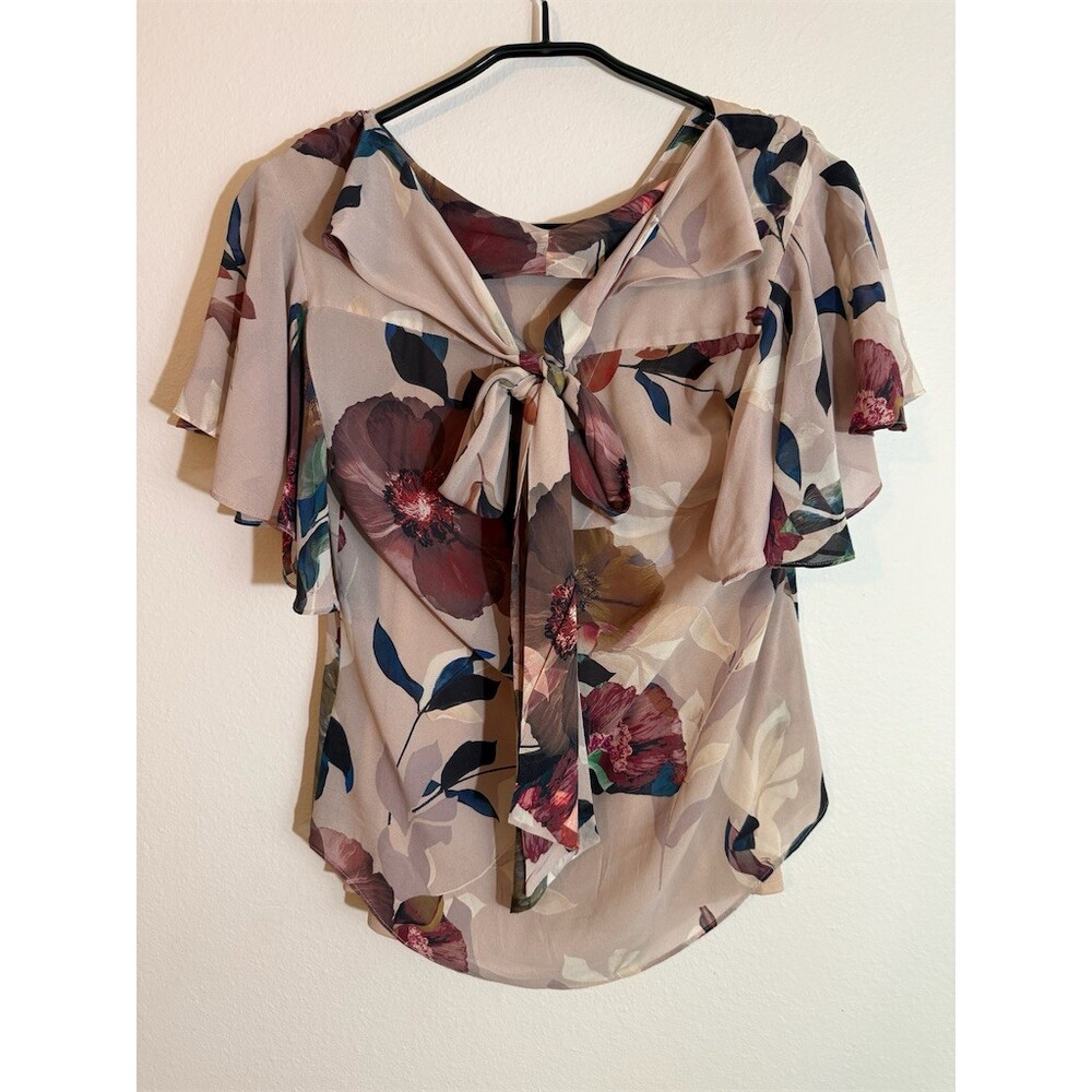 Trina Turk Blouse Womens XS Pink Floral Tie Neck Button Front Flutter